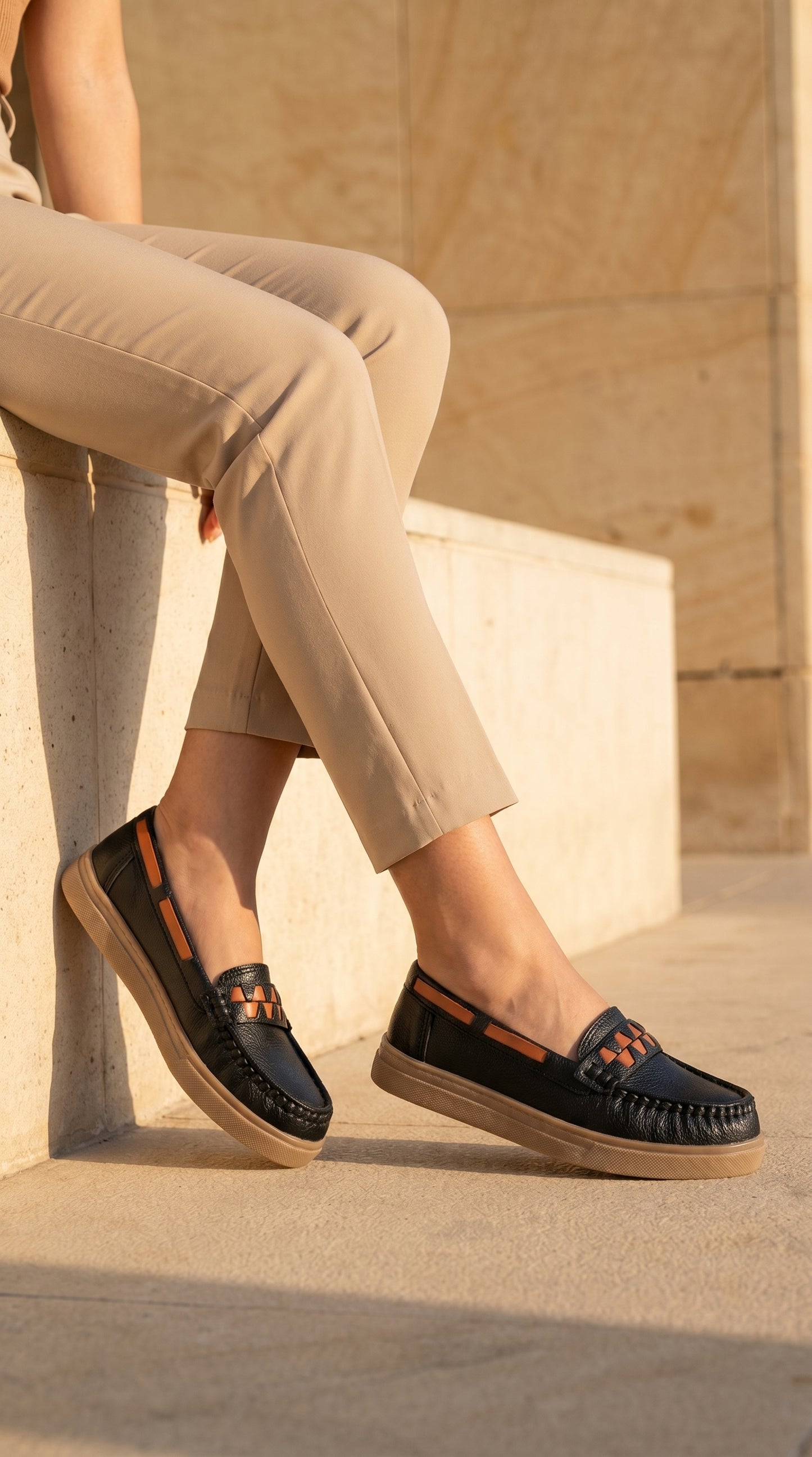 Women's Black Orange Accent Loafer | Caramel Sole