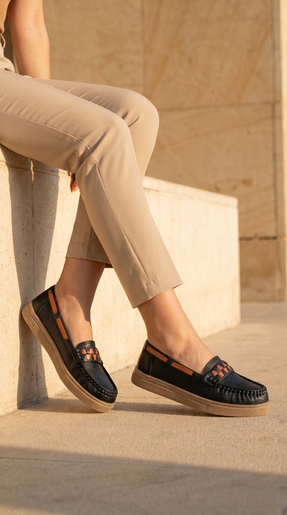 Women's Black Orange Accent Loafer | Caramel Sole