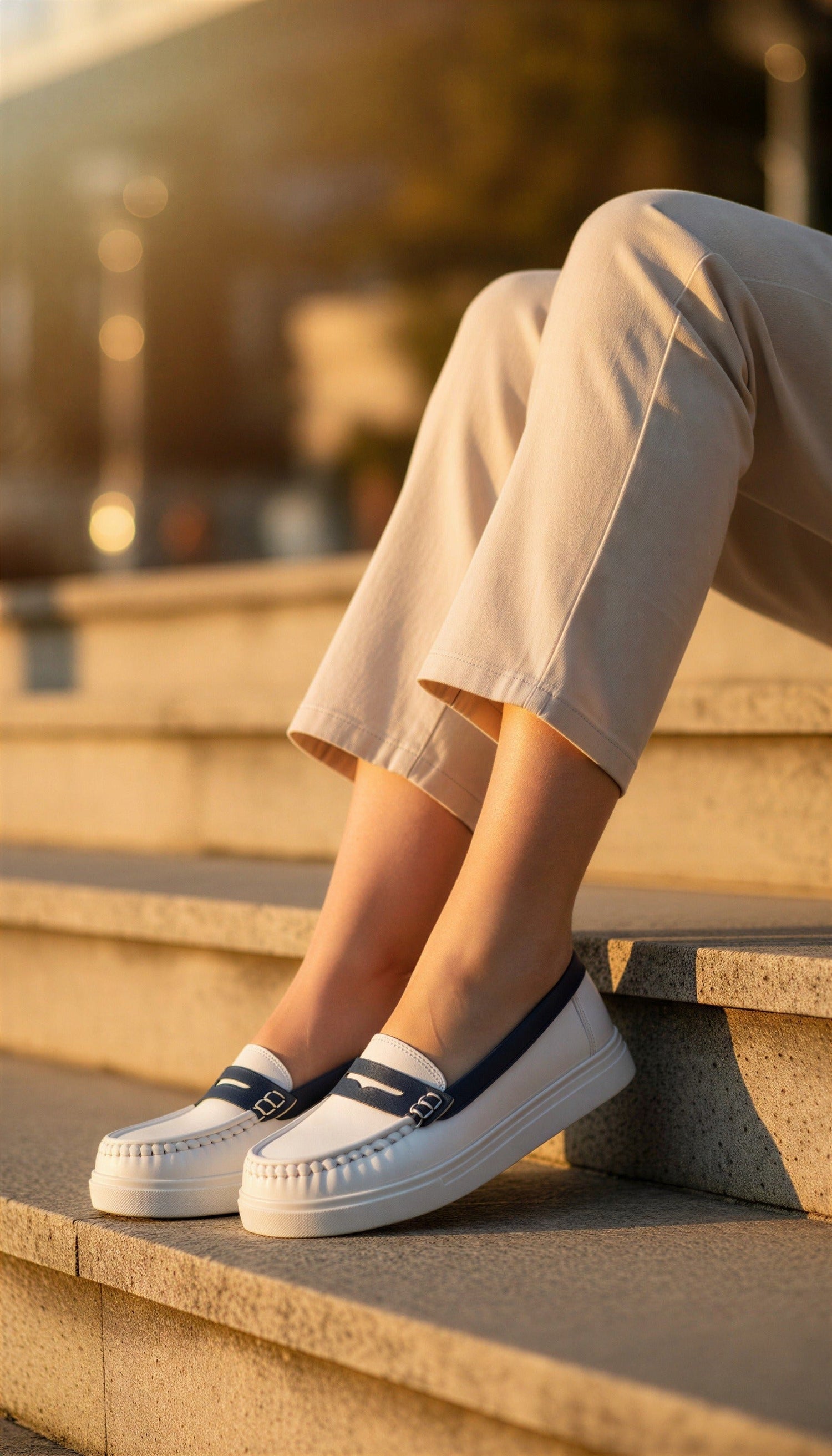 Women's White Comfort Loafer | Navy Stripe